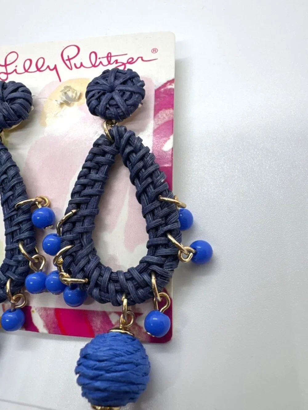 Lilly Pulitzer GWP Raffia Drop Earrings Alba Blue Beaded Teardrop Coastal Beachy